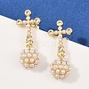 Brass Micro Pave Clear Cubic Zirconia Cross with Half Round Dangle Stud Earrings EJEW-L275-05G-1