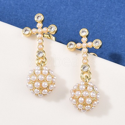 Brass Micro Pave Clear Cubic Zirconia Cross with Half Round Dangle Stud Earrings EJEW-L275-05G-1