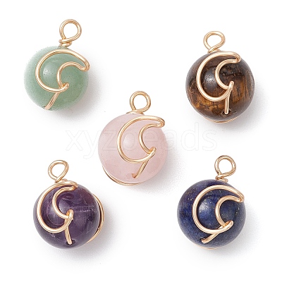 Natural Green Aventurine/Rose Quartz/Tiger Eye/Lapis Lazuli/Amethyst Copper Wire Wrapped Moon Pendants PALLOY-JF02908-1