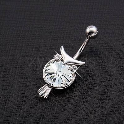 Piercing Jewelry Real Platinum Plated Brass Cubic Zirconia Owl Navel Ring Navel Ring Belly Rings AJEW-EE0001-33A-1