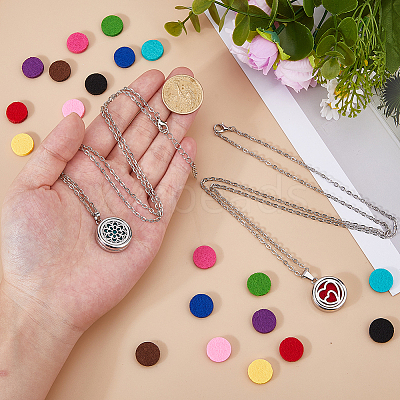 2 Sets Alloy Hollow Essential Oil Diffuser Perfume Locket Pendant 304 Stainless Steel Chain Necklaces NJEW-HS0001-22B-1