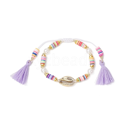 Flat Round Polymer Clay Braided Bead Bracelets BJEW-JB11500-1
