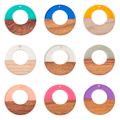 18Pcs 9 Colors Resin & Walnut Wood Pendants RESI-BT0001-07-1