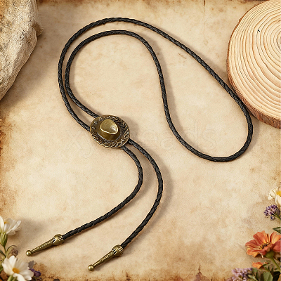 1Pc West Cowboy Hat Tibetan Style Alloy Pendant Black PU Leather Cord Bolo Tie Lariat Necklaces NJEW-GF0001-24B-1