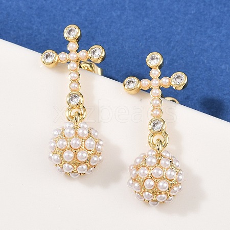 Brass Micro Pave Clear Cubic Zirconia Cross with Half Round Dangle Stud Earrings EJEW-L275-05G-1