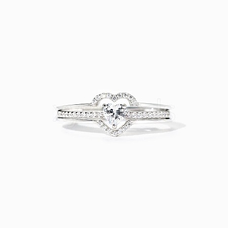 2Pcs Heart 925 Sterling Silver Micro Pave Clear Cubic Zirconia Finger Rings for Women FS-WG4005F-04-1