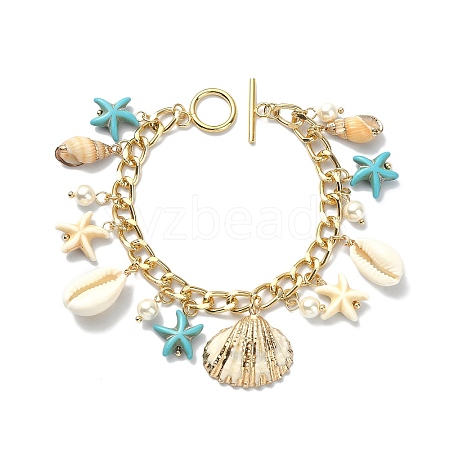 Natural Shell & Shell Pearl & Synthetic Turquoise Starfish Charm Bracelet BJEW-TA00352-1