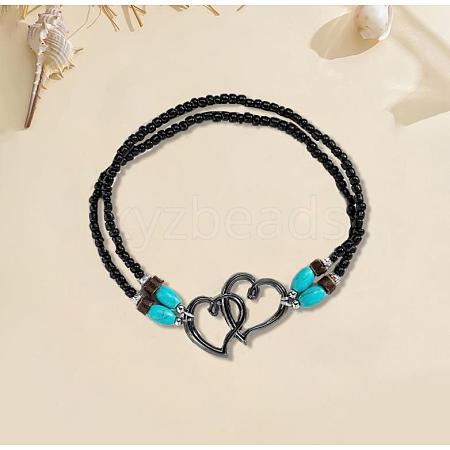 Glass Seed Beads & Alloy Heart Link Anklets WGBE152-12-1