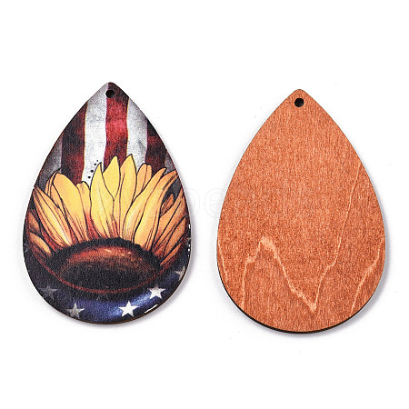 Single Face Sunflower Printed Wood Big Pendants WOOD-TAC0021-01G-1