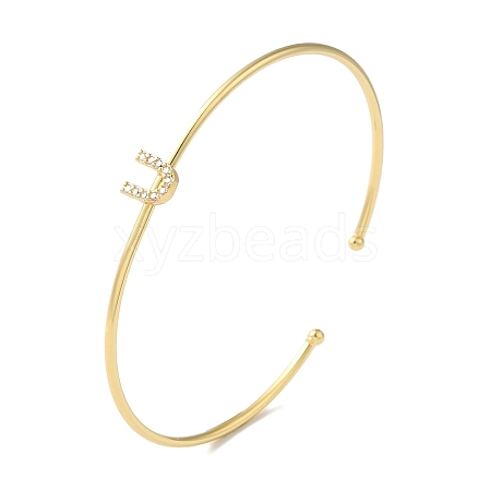 Rack Plating Brass Micro Pave Clear Cubic Zirconia Letter Open Cuff Bangles BJEW-A018-01G-U-1