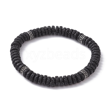 Natural Lava Rock & 304 Surgical Stainless Steel Disc Beaded Stretch Bracelet BJEW-JB09689-02-1