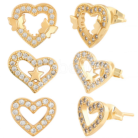 3 Pairs 3 Styles Brass Micro Pave Clear Cubic Zirconia Stud Earrings for Women EJEW-BBC0002-10-1