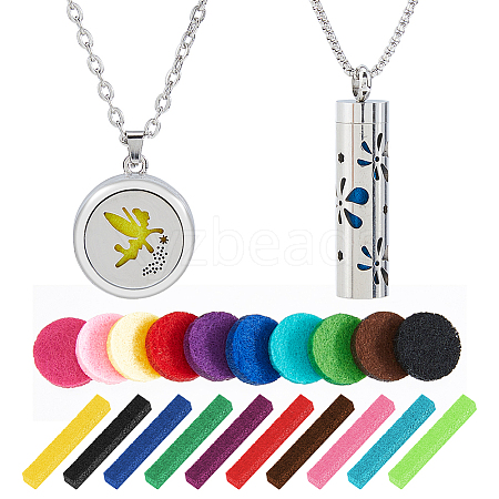 2Pcs 2 Styles Anti-Tarnish Stainless Steel Flat Round Locket Necklaces NJEW-HS0001-18-1
