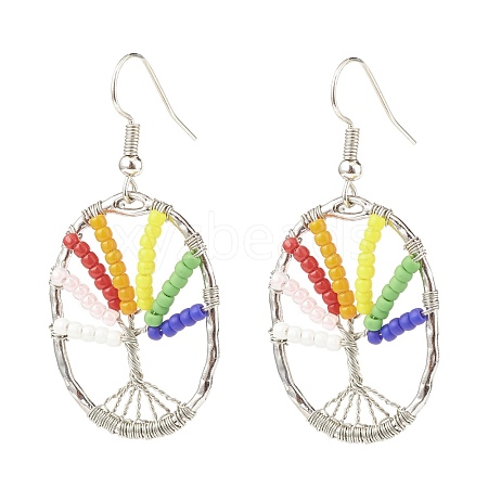 Oval with Tree of Life Glass Seed Braided Dangle Earrings EJEW-JE04874-01-1