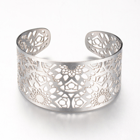 Tarnish Resistant 304 Stainless Steel Filigree Cuff Bangles X-STAS-S060-08-1