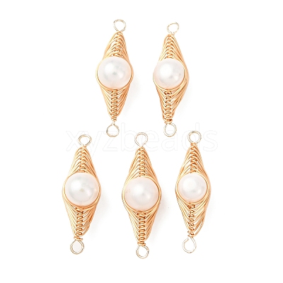 Copper Herringbone Wire-Wrapped Natural Pearl Potato Links Connector Charms KK-Z152-03G-03-1