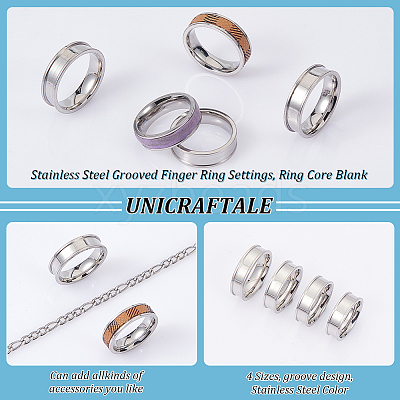 16Pcs 4 Size 201 Stainless Steel Grooved Finger Ring Settings STAS-UN0051-70-1