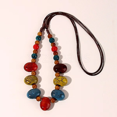 Ethnic Style Oval Porcelain Beaded Bib Necklaces with Imitation Leather Cord FS-WGD6870-02-1