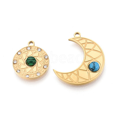 304 Stainless Steel Rhinestone & Synthesis Turquoise Pendants X-STAS-T074-14G-1
