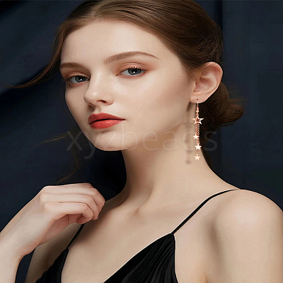 1 Pair Brass Star Tassel Dangle Earrings EJEW-LP0007-113RG-1