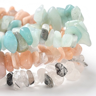 Chips Natural Rutilated Quartz & Flower Amazonite & Sunstone Beaded Stretch Bracelets Sets X-BJEW-JB05332-06-1