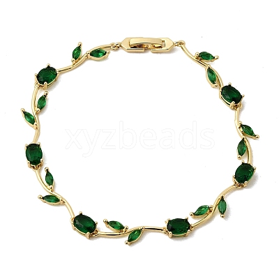 Leaf Brass Micro Pave Cubic Zirconia Link Chain Bracelets for Women BJEW-D455-01G-06-1