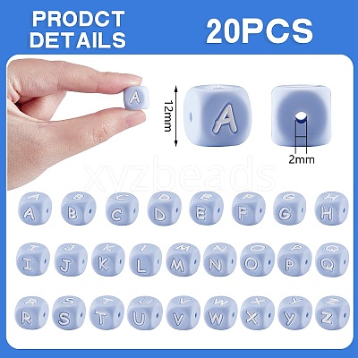 20Pcs Blue Cube Letter Silicone Beads 12x12x12mm Square Dice Alphabet Beads with 2mm Hole Spacer Loose Letter Beads for Bracelet Necklace Jewelry Making JX434M-1