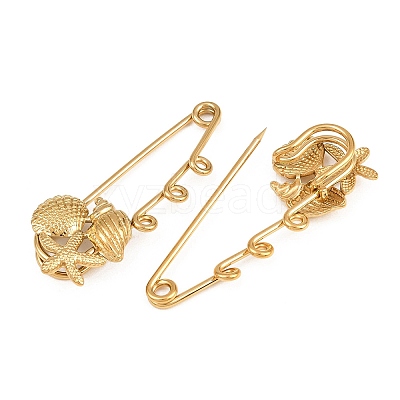 Starfish & Shell Shape & Conch 304 Stainless Steel Safety Pins Brooch Findings SA-CBA098D-16J-G03-1