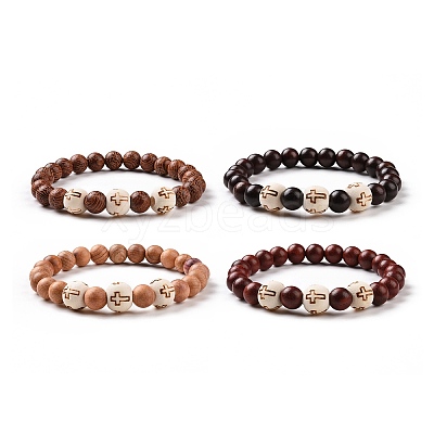 4Pcs Cross Pattern Wood Beads Stretch Bracelets Set for Women Men BJEW-JB08931-1