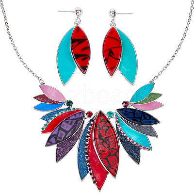 Leaf Alloy with Imitation Leather Pendant Necklace & Stud Dangle Earring SJEW-CL0001-02-1