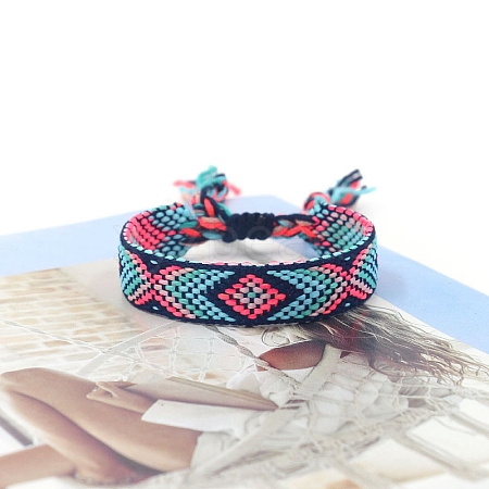 Ethnic Style Polyester Flat with Rhombus Cord Bracelets for Women PW-WG4378C-36-1