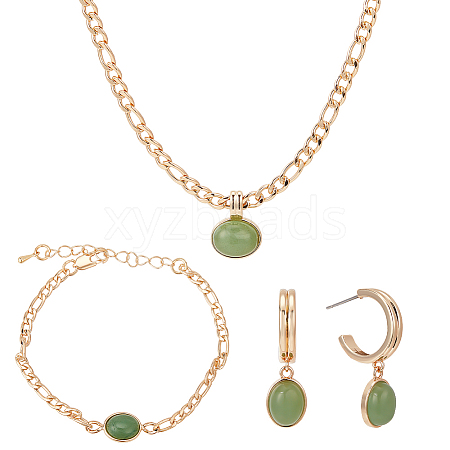 ANATTASOUL 18K Real Gold Plated Natural Green Aventurine Oval Pendant Necklaces & Stud Earrings & Link Bracelet SJEW-AN0001-51-1