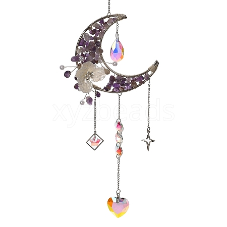 Flower Moon Metal & Natural Amethyst Chips Hanging Suncatcher GG-CBAB970-03B-1