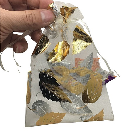 Gold Stamping Leaf Organza Printed Gift Bags with Drawstring PW-WGCD8B4-02-1