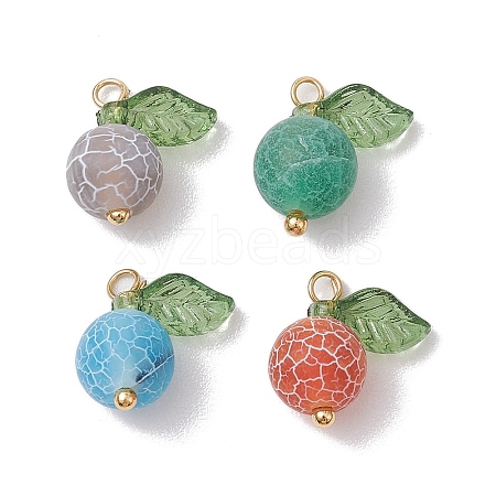 4pcs 4 Colors Natural Dyed Crackle Agate Round Fruit Charms with Acrylic Leaf PALLOY-TA00124-1