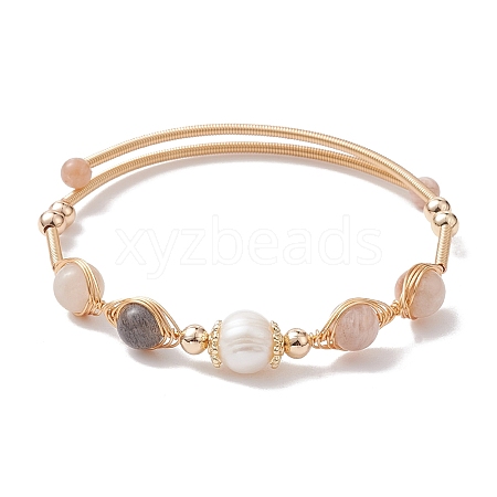 Natural Moonstone Round Beaded Cuff Bangle BJEW-JB10113-01-1