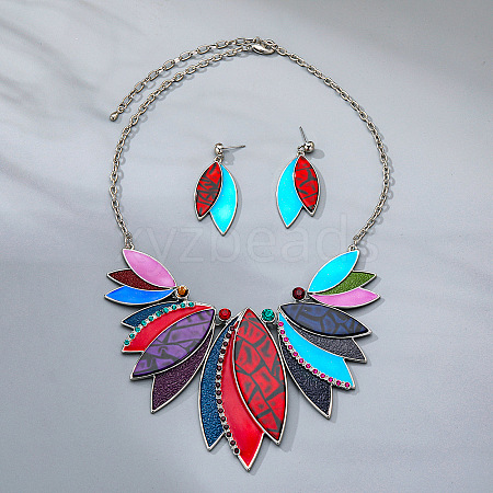 Leaf Alloy with Imitation Leather Pendant Necklace & Stud Dangle Earring FS-WGFF9DD-04-1