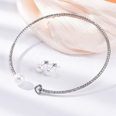 Round Plastic Imitation Pearl Stud Earrings & Rhinestone Cuff Choker Necklaces Sets SJEW-U003-11P-1