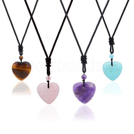 FIBLOOM 4Pcs 4 Style Heart Natural & Synthetic Mixed Gemstone Pendant Necklace with Nylon Cords NJEW-FI0001-50-1