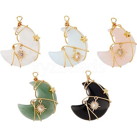 SUPERFINDING 5Pcs Natural & Synthetic Gemstone Copper Wire Wrapped Pendants FIND-FH0005-54-1