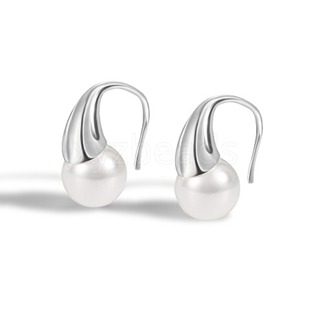 Teardrop Rhodium Plated 925 Sterling Silver Shell Pearl Dangle Earrings for Women EJEW-Q804-05P-1