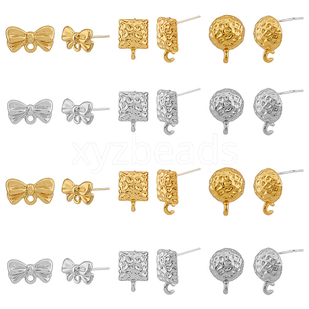 DICOSMETIC 48Pcs 6 Style Half Round & Bowknot & Rectangle Alloy Stud Earring Findings FIND-DC0003-22-1