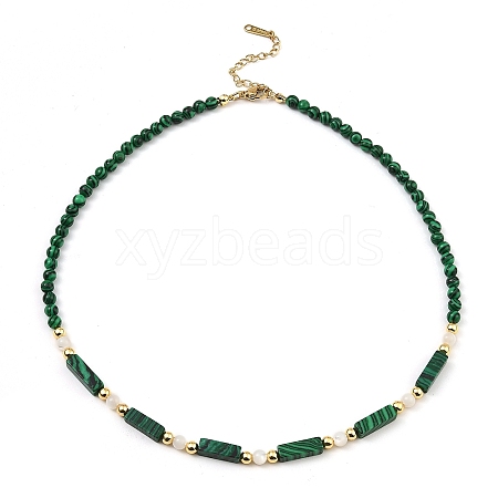 Synthetic Malachite Rectangle & Shell Beaded Necklaces NJEW-M206-01G-01-1-1