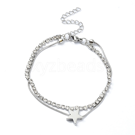 Star Alloy Pave Clear Cubic Zirconia Link Round Snake Chain Bracelets BJEW-S149-01P-1