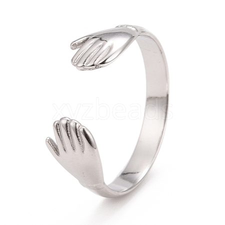 304 Stainless Steel Double Hand Hug Open Cuff Ring for Women RJEW-C025-08B-P-1