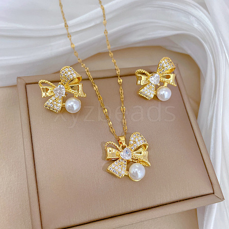 Brass Micro Pave Cubic Zirconia with Plastic Pearl Pendant Necklace & Stud Earrings WG7AC39-100-1