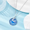 Steel Blue Glass Flat Round & Alloy Pendant Necklace NJEW-JN04453-03-5