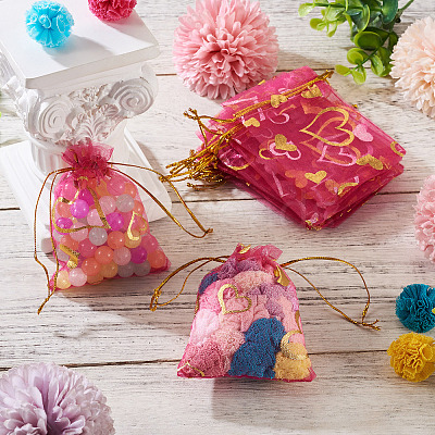 50Pcs Heart Printed Organza Bags OP-TADJ0001-01G-1