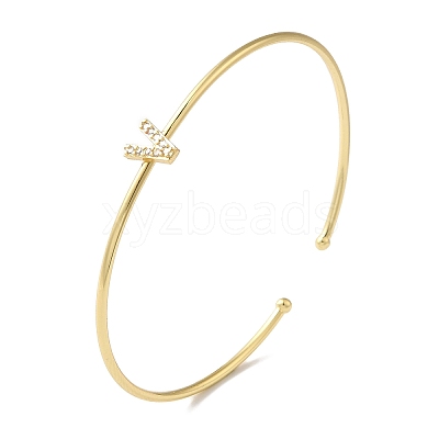 Rack Plating Brass Micro Pave Clear Cubic Zirconia Letter Open Cuff Bangles BJEW-A018-01G-V-1