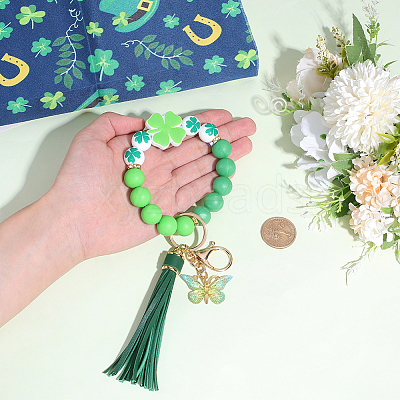 1Pc Butterfly with Clover Silicone & Imitation Leather Tassel Keychains HJEW-BM0001-89-1